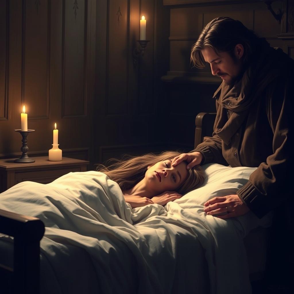 A poignant scene from Victor Hugo's 'Les Misérables', depicting Fantine on her deathbed, surrounded by soft candlelight that casts a warm glow over the room