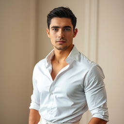 A well-formed man named Miguel Angel, with short dark hair and striking blue eyes