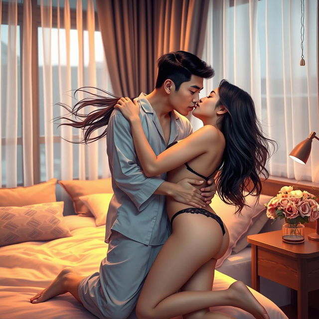 An intimate and romantic depiction of a handsome Chinese man in comfortable, soft pajamas, gently hugging and passionately kissing a beautiful, sexy woman in a cozy bedroom