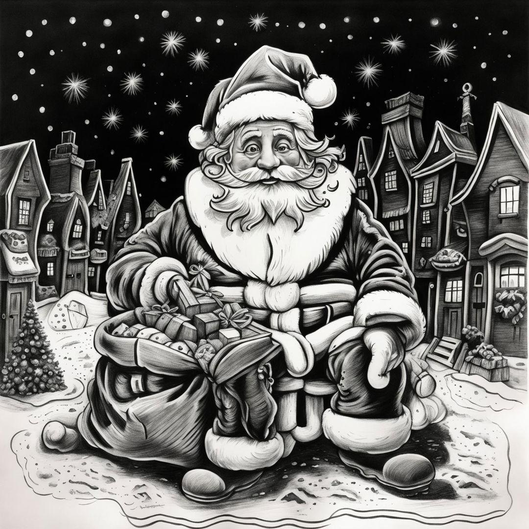 A high-quality graphite pencil drawing in black and white, featuring Santa Claus on Christmas Eve