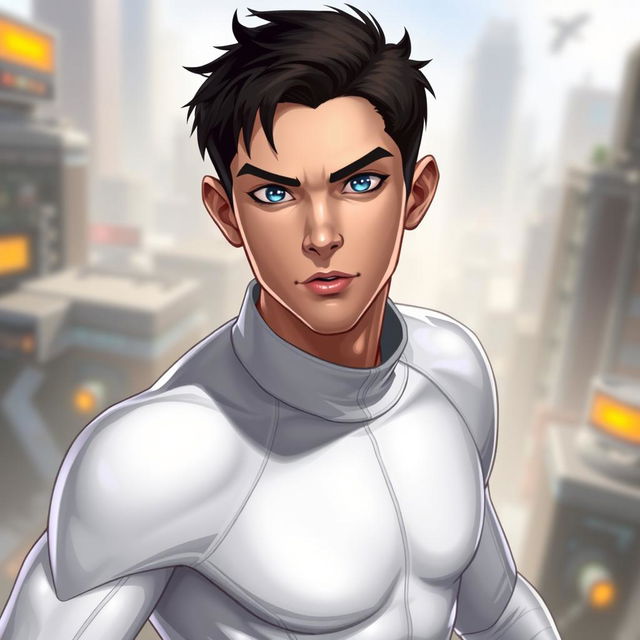 A character named Miguel Angel, featuring short dark hair and striking blue eyes