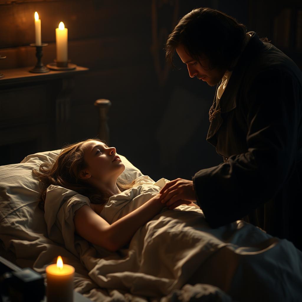 A cinematic scene from Victor Hugo's 'Les Misérables' in a 16:9 format, depicting Fantine on her deathbed, illuminated by soft, flickering candlelight that creates a warm yet somber atmosphere