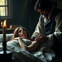 A cinematic scene from Victor Hugo's 'Les Misérables' in a 16:9 format, depicting Fantine on her deathbed, illuminated by soft, flickering candlelight that creates a warm yet somber atmosphere