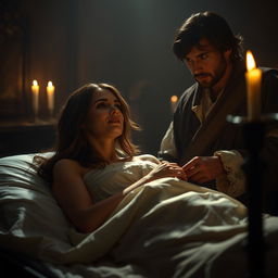 A cinematic scene from Victor Hugo's 'Les Misérables' in a 16:9 format, depicting Fantine on her deathbed, illuminated by soft, flickering candlelight that creates a warm yet somber atmosphere