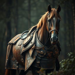 A majestic horse covered in rusty armor, standing valiantly in a dimly lit forest