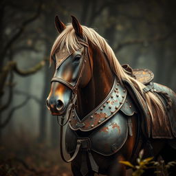 A majestic horse covered in rusty armor, standing valiantly in a dimly lit forest