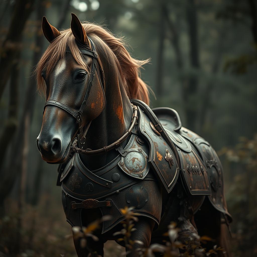 A majestic horse covered in rusty armor, standing valiantly in a dimly lit forest