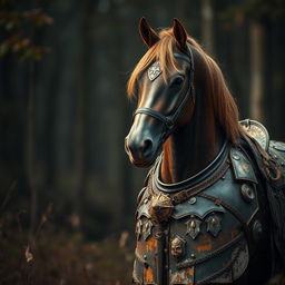 A majestic horse covered in rusty armor, standing valiantly in a dimly lit forest