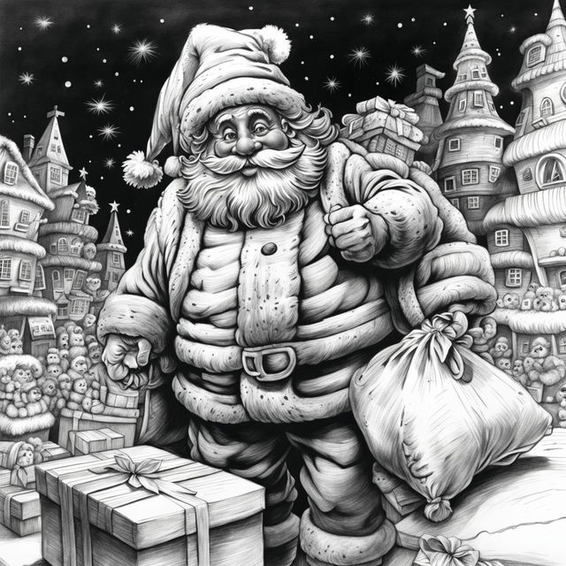 A superior quality, highly detailed black and white pencil drawing of an endearingly cute Santa Claus