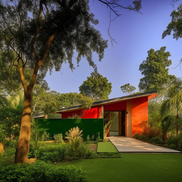 A mid-century modern architecture styled Indian home with vibrant colors, sleek lines, flat surfaces, large glass windows, and integration with nature.