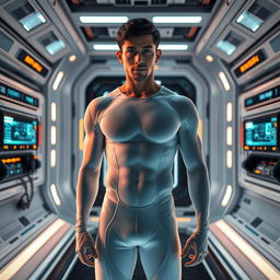 A futuristic scene featuring a man named Miguel Angel, who has short dark hair and striking blue eyes