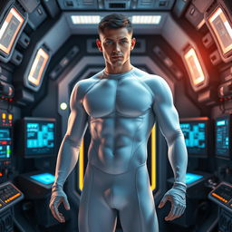 A futuristic scene featuring a man named Miguel Angel, who has short dark hair and striking blue eyes