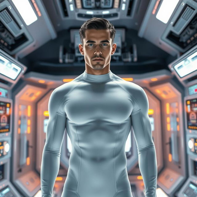 A futuristic scene featuring a man named Miguel Angel, who has short dark hair and striking blue eyes