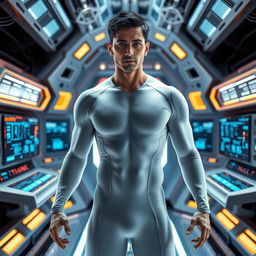 A futuristic scene featuring a man named Miguel Angel, who has short dark hair and striking blue eyes