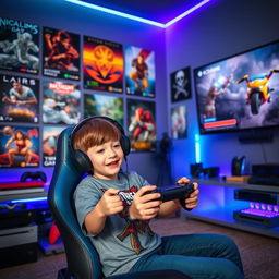 A young boy enthusiastically playing video games, surrounded by colorful gaming posters on the wall