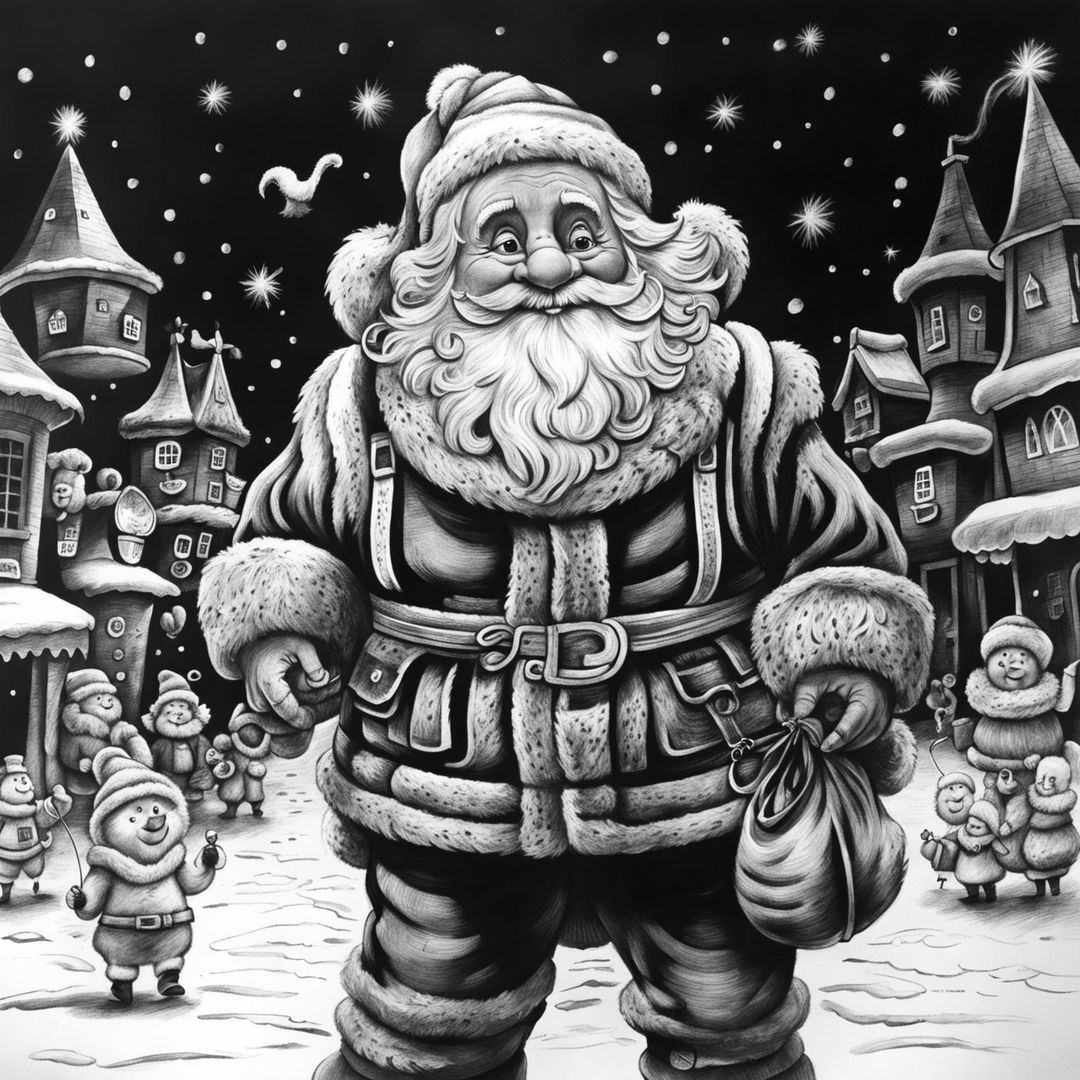 An endearing, detailed black and white pencil drawing of Santa Claus, brimming with Christmas cheer