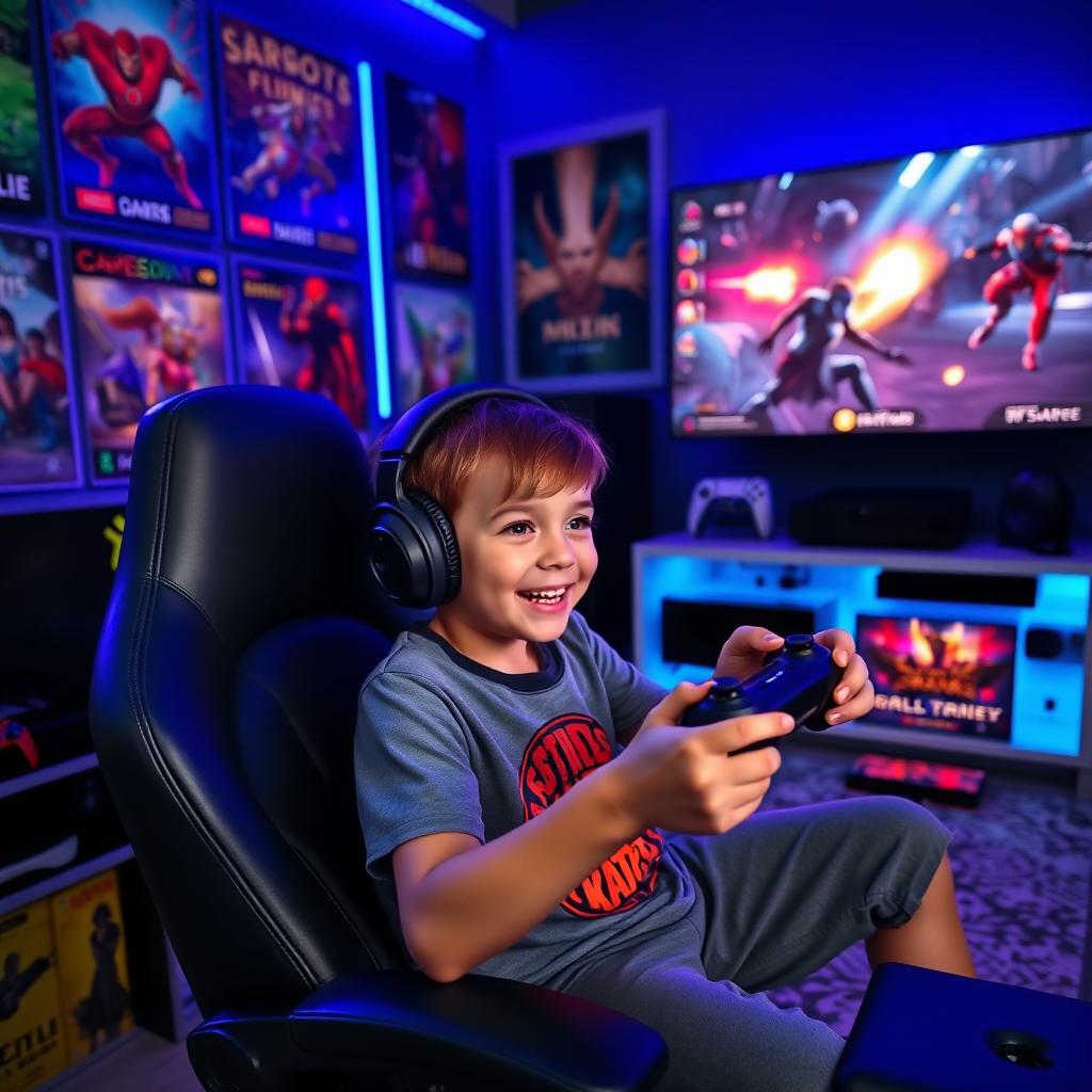 A young boy enthusiastically playing video games, surrounded by colorful gaming posters on the wall