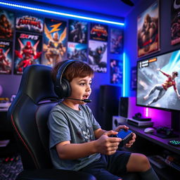 A young boy enthusiastically playing video games, surrounded by colorful gaming posters on the wall
