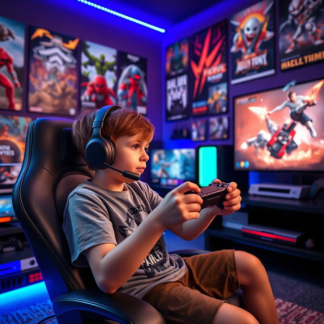 A young boy enthusiastically playing video games, surrounded by colorful gaming posters on the wall