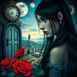 A beautiful and stunning girl with long, dangerous black hair and captivating blue eyes, set in a psychedelic Salvador Dali-inspired dreamlike world