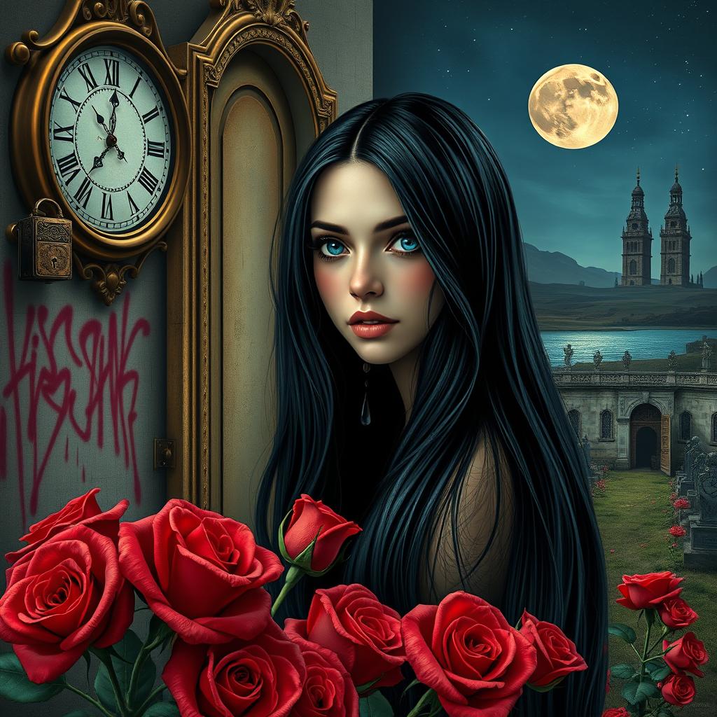 A beautiful and stunning girl with long, dangerous black hair and captivating blue eyes, set in a psychedelic Salvador Dali-inspired dreamlike world