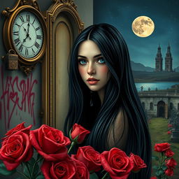 A beautiful and stunning girl with long, dangerous black hair and captivating blue eyes, set in a psychedelic Salvador Dali-inspired dreamlike world