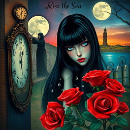 A beautiful and stunning girl with long, dangerous black hair and captivating blue eyes, set in a psychedelic Salvador Dali-inspired dreamlike world