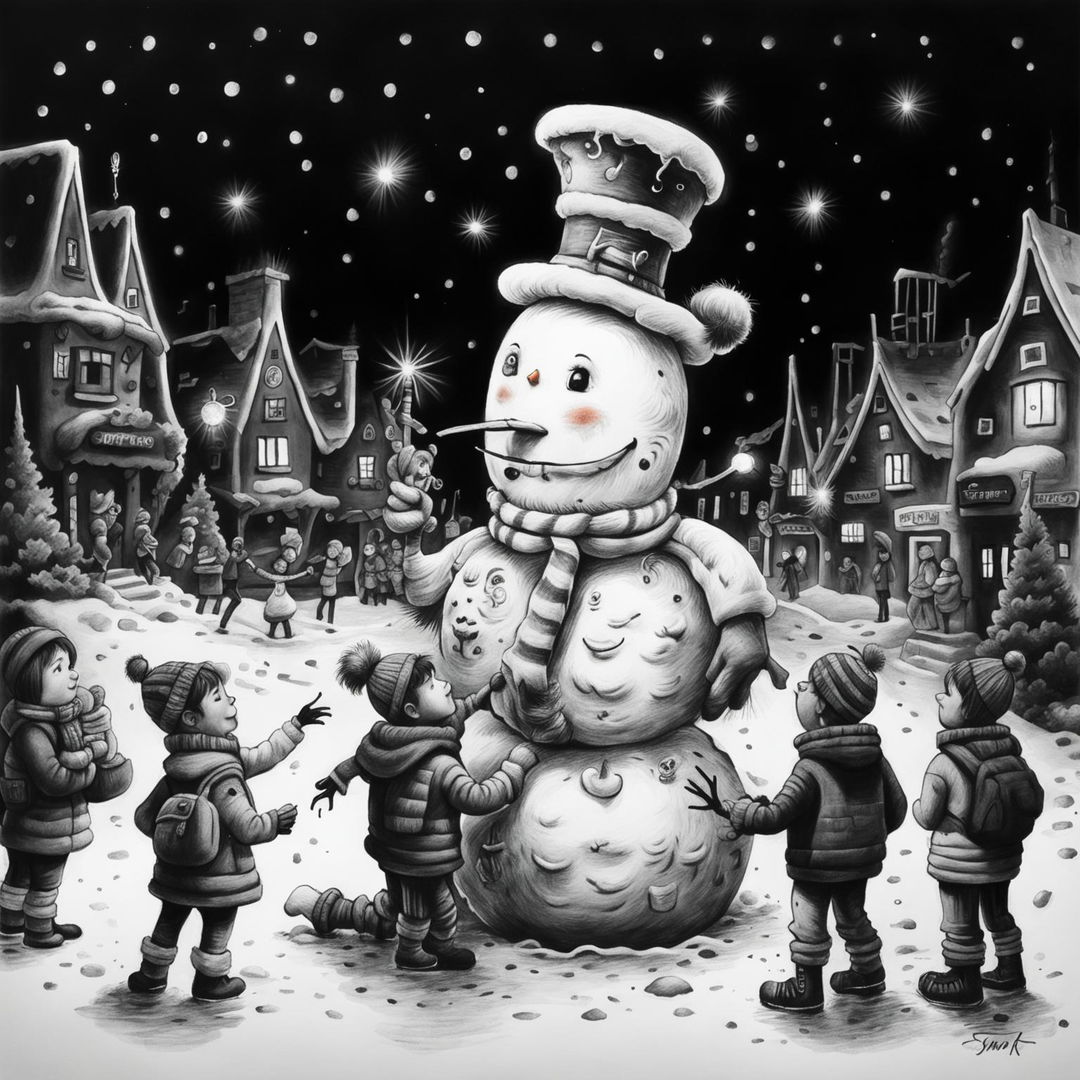 A highly detailed, black and white pencil drawing featuring a cheerful snowman, excited children, a decorated Christmas tree and a picturesque village under a starry sky