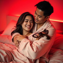 A cozy and intimate scene featuring a handsome Chinese man in soft pajamas, gently hugging a beautiful woman in a warm, red-lit bedroom