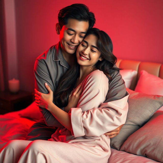 A cozy and intimate scene featuring a handsome Chinese man in soft pajamas, gently hugging a beautiful woman in a warm, red-lit bedroom