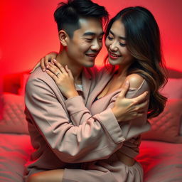 A cozy and intimate scene featuring a handsome Chinese man in soft pajamas, gently hugging a beautiful woman in a warm, red-lit bedroom