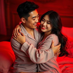 A cozy and intimate scene featuring a handsome Chinese man in soft pajamas, gently hugging a beautiful woman in a warm, red-lit bedroom