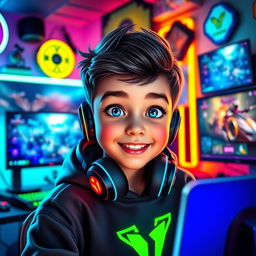 A vibrant digital artwork featuring a young gaming enthusiast immersed in his gaming setup