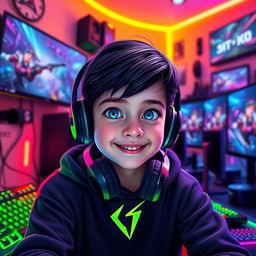 A vibrant digital artwork featuring a young gaming enthusiast immersed in his gaming setup