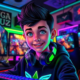 A vibrant digital artwork featuring a young gaming enthusiast immersed in his gaming setup