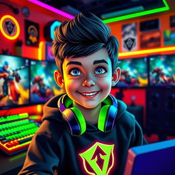 A vibrant digital artwork featuring a young gaming enthusiast immersed in his gaming setup