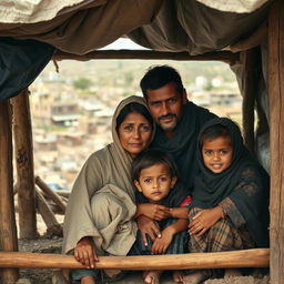 A poignant photograph depicting a family seeking refuge in a makeshift shelter made of tarps and wooden planks