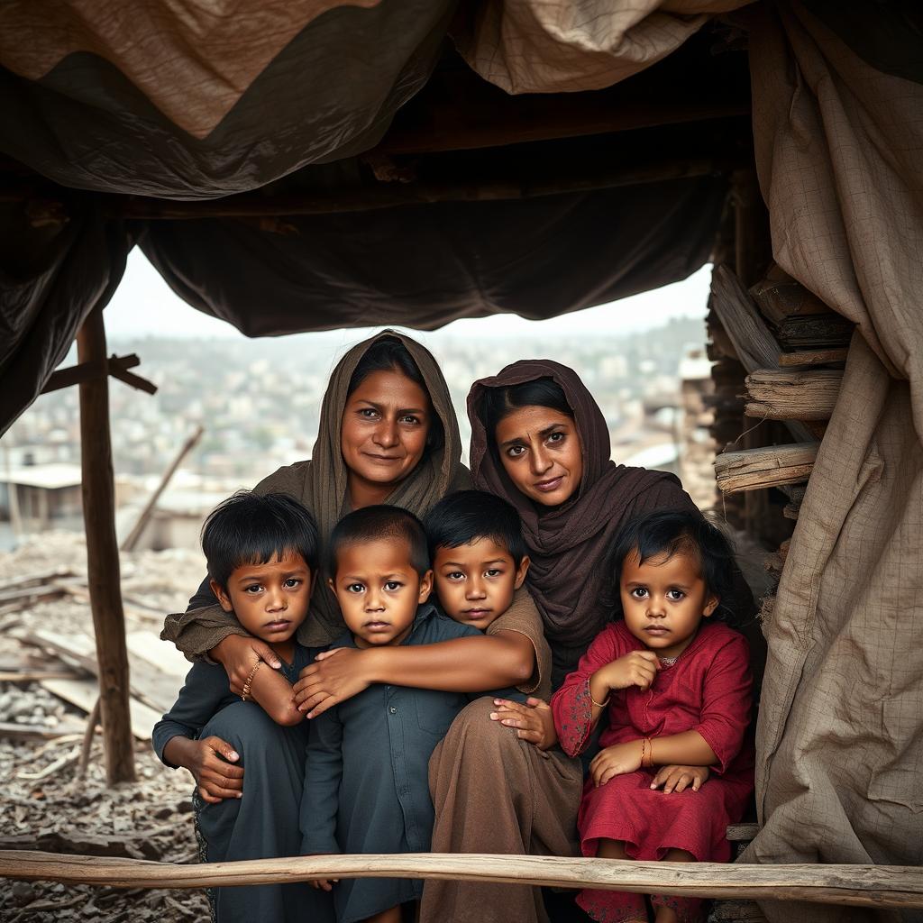 A poignant photograph depicting a family seeking refuge in a makeshift shelter made of tarps and wooden planks