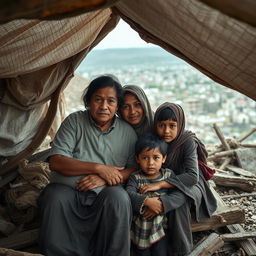 A poignant photograph depicting a family seeking refuge in a makeshift shelter made of tarps and wooden planks
