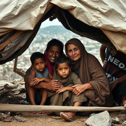 A poignant photograph depicting a family seeking refuge in a makeshift shelter made of tarps and wooden planks