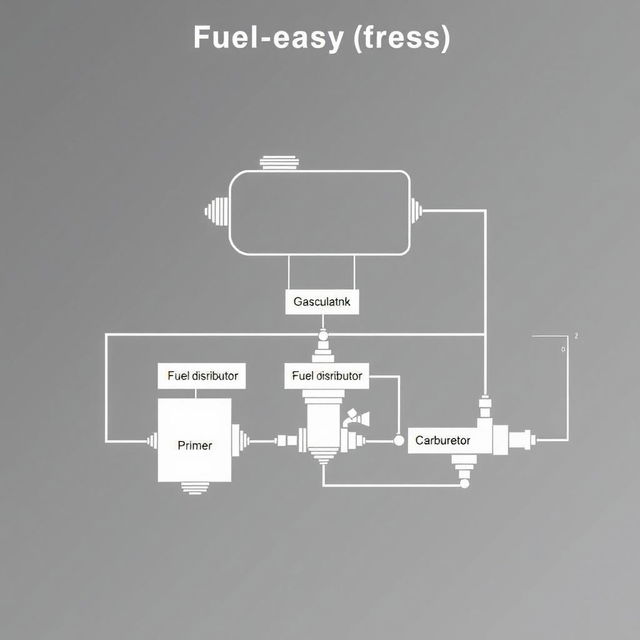 A detailed schematic diagram illustrating the layout of a fuel system in proper order, featuring labeled components including a fuel tank at the beginning, followed by a gasculator, fuel pump, primer, fuel distributor, carburetor, and fuel injector