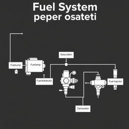 A detailed schematic diagram illustrating the layout of a fuel system in proper order, featuring labeled components including a fuel tank at the beginning, followed by a gasculator, fuel pump, primer, fuel distributor, carburetor, and fuel injector