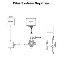 A detailed schematic diagram illustrating the layout of a fuel system in proper order, featuring labeled components including a fuel tank at the beginning, followed by a gasculator, fuel pump, primer, fuel distributor, carburetor, and fuel injector