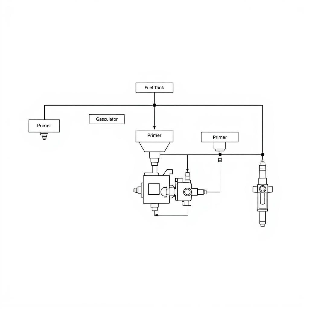 A detailed schematic diagram illustrating the layout of a fuel system in proper order, featuring labeled components including a fuel tank at the beginning, followed by a gasculator, fuel pump, primer, fuel distributor, carburetor, and fuel injector