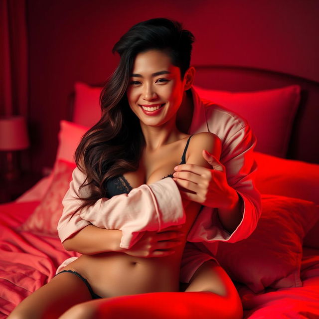 A warm and intimate scene featuring a handsome Chinese man in soft pajamas, affectionately hugging a sexy, beautiful woman in a cozy, red-lit bedroom