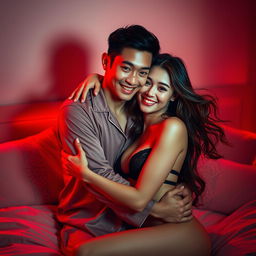 A warm and intimate scene featuring a handsome Chinese man in soft pajamas, affectionately hugging a sexy, beautiful woman in a cozy, red-lit bedroom