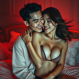 A warm and intimate scene featuring a handsome Chinese man in soft pajamas, affectionately hugging a sexy, beautiful woman in a cozy, red-lit bedroom