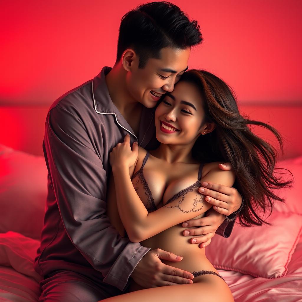 A warm and intimate scene featuring a handsome Chinese man in soft pajamas, affectionately hugging a sexy, beautiful woman in a cozy, red-lit bedroom