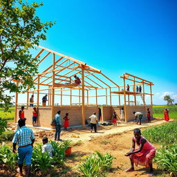 A dynamic photograph capturing the construction of a new school building in a vibrant community setting