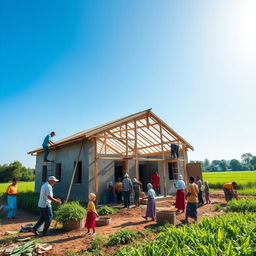 A dynamic photograph capturing the construction of a new school building in a vibrant community setting